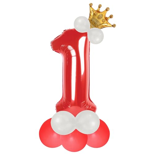 Image of Red 1 Number Foil Balloon with Crown & Base Balloons | 32 Inch Helium Supported for Birthday, Anniversary, Baby Shower Decoration - Pack of 14