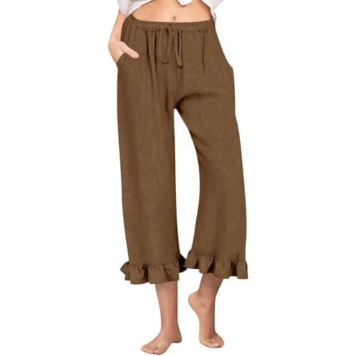 GOFULY Linen Pants Women Wide Leg Casual Summer Ruffle Capri Pants Elastic Waist Drawstring Smocked Solid Trouser with Pocket