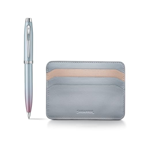 Image of Sheaffer Expressions Gift Set 100 9376 Blue and Pink Pearlised Gradient Ballpoint Pen with Chrome plated Trims and Genuine Leather Credit Card Holder