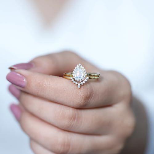 Real Opal Diamond Wedding Ring Set, Aaa Quality, Certified Rainbow Opal 5X7 mm Pear Engagement Ring with Enhancer3