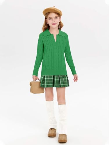 Image of Girls Sweaters Kids Fashion Cable Knit Collared V Neck Pullover Sweater Tops 5-14 Years