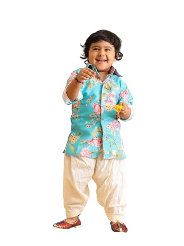 Image of Vastramay Sishu boys Vastramay Infant Boys Multicolor Base Aqua Muslin Cotton Kurta Patiala Set