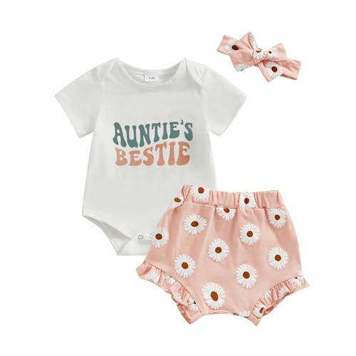 Rtnnsbbfcm Newborn Baby Girl Summer Clothes Short Sleeve Letter Romper Floral Ruffle Shorts Headband 3Pcs Outfit (A-pink, 6-12 Months)