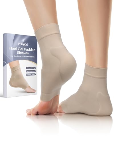 PGRODE Achilles Tendon Sleeve with Silicone Heel Protector Cushion Pad, Achilles Tendonitis Support Compression Socks for Women Plantar Fasciitis, Bursitis, Heel Pain Relife, 1 Pair (Beige)