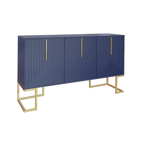 Azkoeesy Aparador Moderno | Buffet con 3 Puertas y Rayas en Forma de U - 138 x 40 x 80 cm, Apto para salón/Comedor/Cocina - Azul, Patas y Tiradores de Metal Dorado