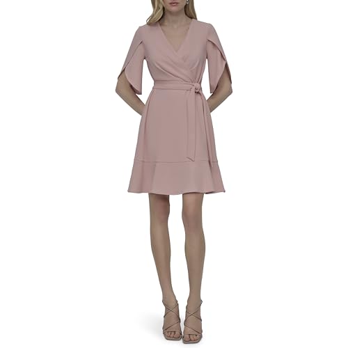 Image of DKNY Women's Tulip Sleeve Scuba Crepe Faux Wrap Dress