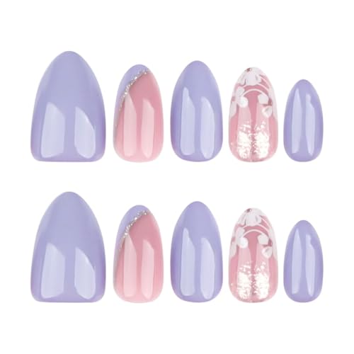 Image of Floral Press on Nails Lilac Purple Fake Nails Gold Foil Glue on Nails Spring Nails Short Almond False Nails with Design Glossy Reusable Acrylic Full Cover Stick on Nails for Women Manicure 24Pcs