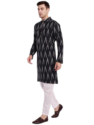 Image of SKAVIJ Men's Pure Cotton Printed Kurta Pajama Set Ikat Design Casual Ethnic Dress