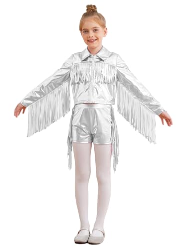 Aislor Kids Girls Tassel Shiny Metallic Long Sleeve Jacket Coat Crop Sweatshirt Tops Outwear with Fringe Shorts Set