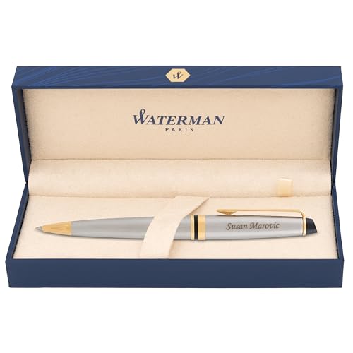 Engraved Waterman Expert Ballpoint Pen in Brushed Stainless Finish with Gold Trim....