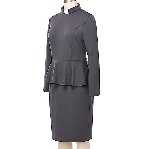 Image of FAD-4U Church Clergy Dress for Women Minister Long Sleeve Ruffle Slim Pencil Dress with Tab Insert Stand Collar