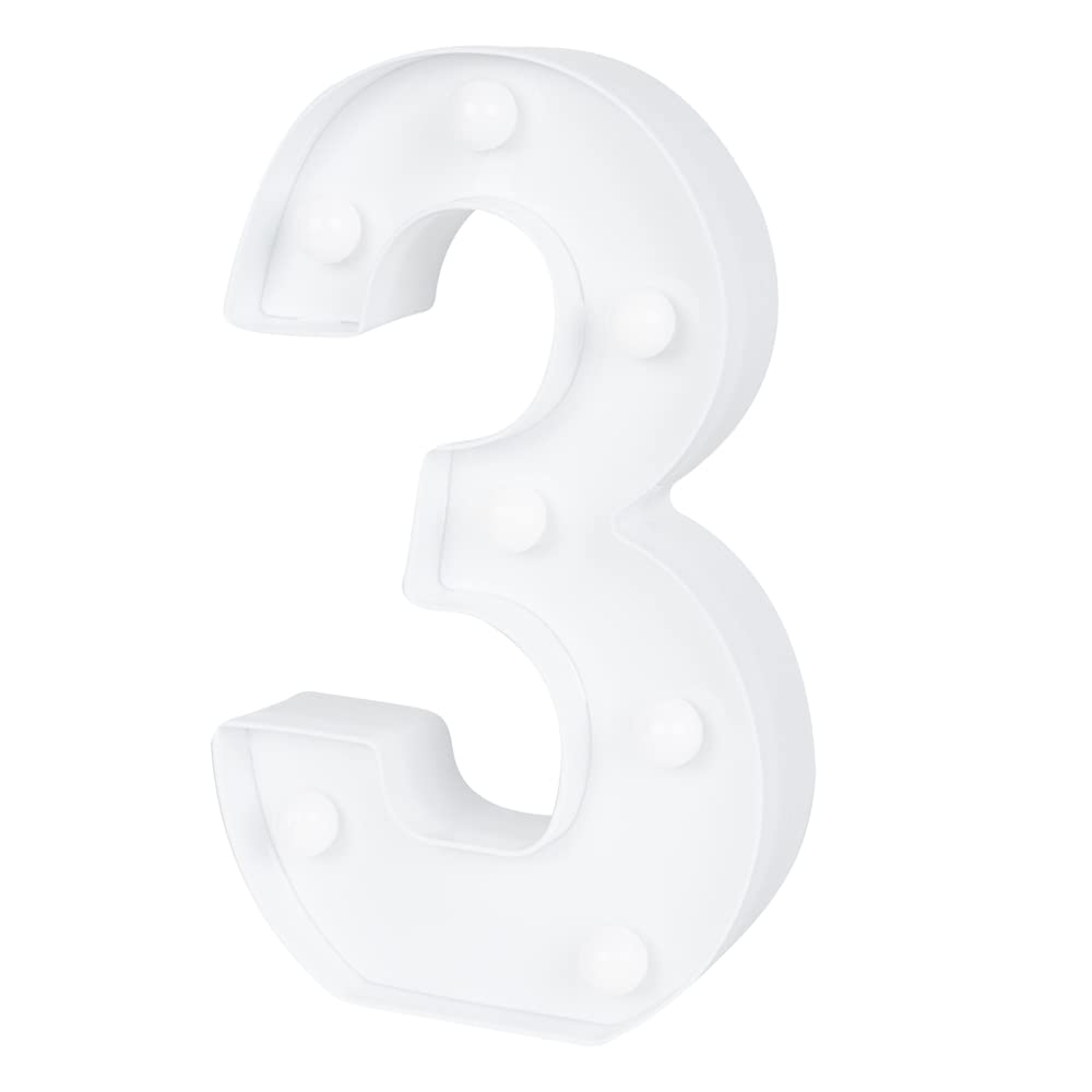 Restaurantware-Illumify 7.1 x 1.2 x 8.7 Inch Light Up Number, 1 Durable Marquee LED Light - Number 3, Touchproof, White Plastic Party Digit Sign Accent, Keyhole Slot, For Weddings, Or Special Events