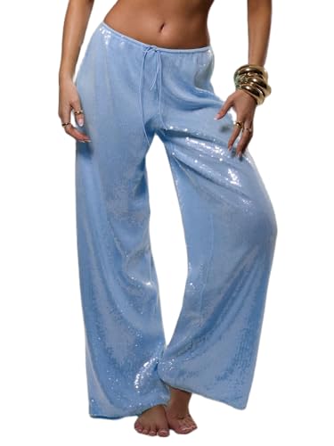 Sequin Pants for Women Low Rise Sparkly Glitter Wide Leg Disco Pants Party Dance Bottoms Wave Outfits