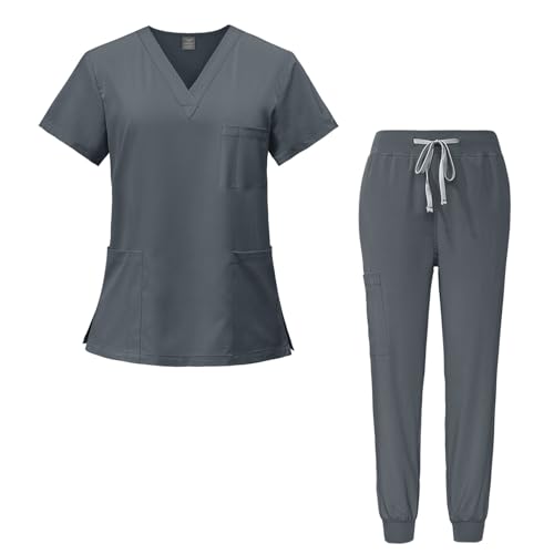 Meichoon Conjunto médico mujer Top elástico de cuello en V y pantalón cónico con cordón de ajuste Ultra suave y de secado rápido DK05 Gris Pequeño
