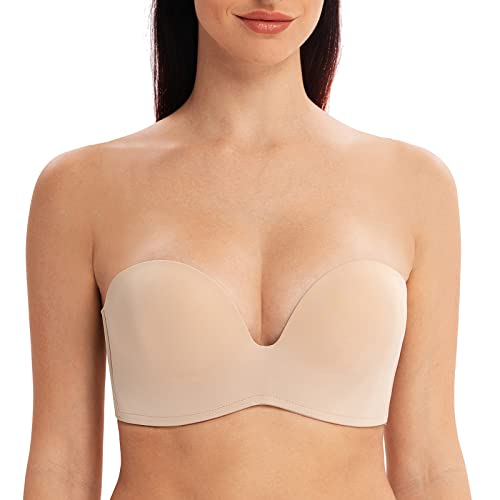 MELENECA Damen Ohne Bügel Push Up Geformte Cups Trägerloser Lift Up BH Beige 85C Cover