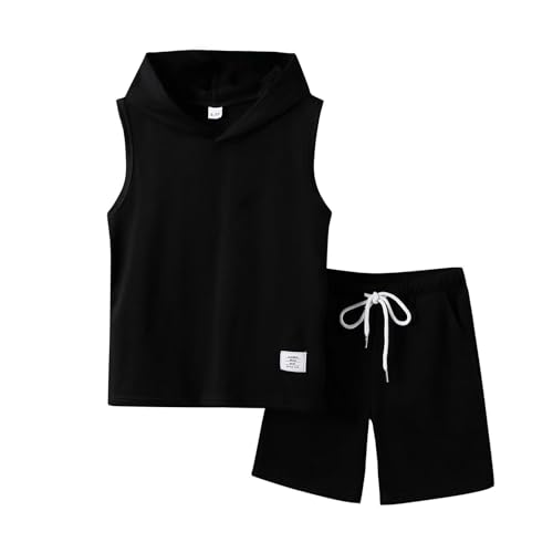 Image of Size 6-12 Years Boys Summer Clothes Hooded Sleeveless Tank Tops Workout Shorts 2 Piece Set Fashion Outfits