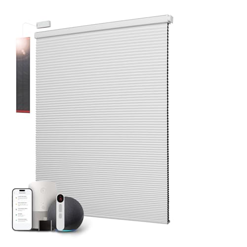 CINONEKO Motorized Cellular Shades with Remote,No Drill Smart Blackout Honeycomb Blinds, Cordless Automatic Electric Window Shade with Solar Panel, Alexa & Google, Rechargable, White 35" W x 64" H