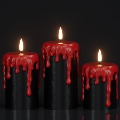 Image of Eldnacele Black Flameless Pillar Candles Battery Operated with 6H Timer, Red Real Wax Dripping Effect 3D Wick Flickering LED Candle Lights Dinner Halloween Decoration(3 Pack, 3 x 4,5,6 Inches)