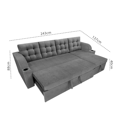 Image of Casaliving Grance RHS 6 Seater Corner Sofa Cum Bed for Living Room with Storage (Dark Grey Fabric) Premium Fabric Sofa Set