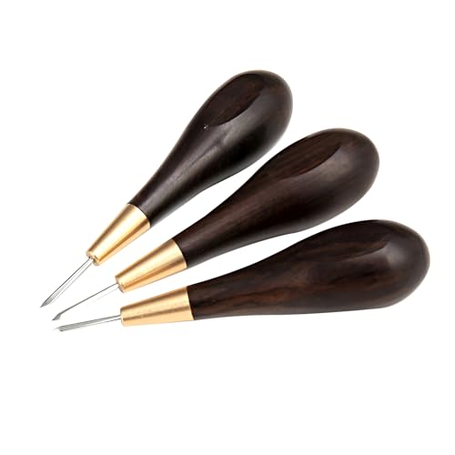 HSOKEW Diamond Shape Stitching Awl, Leather Craft Sewing Awl Blackwood Handle for 3 Size Chisel Leather Craft Sewing Awl Kits Handmade Sewing Tools DIY Stitcher Taper for Leather DIY Craft Lover