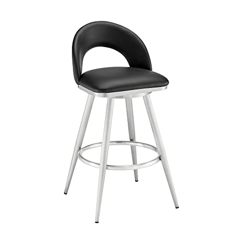 Armen Living Charlotte Swivel Bar Stool in Brushed Stainless Steel with Black Faux Leather