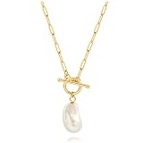 SOFYBJA 18K Gold Plated Paperclip Link Chain Necklace Baroque Pearl Pendant Necklace Dainty Handmade