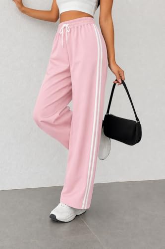 Image of SAKHWALA Women Track Pant | Women's Wide Leg Track Pants High Waist Drawstring Sweatpants with Side Stripes, Casual Loose Fit Lounge Joggers, Dark Grey