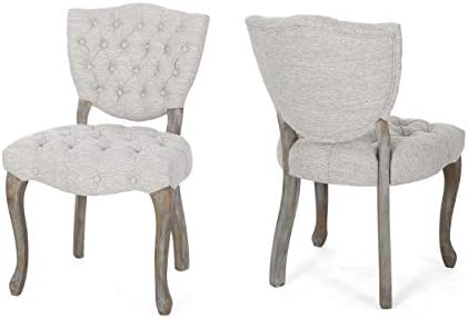 GDFStudio Tufted Dining Chair with Cabriole Legs (Set of 2), Light Gray and Brown Wash Finish