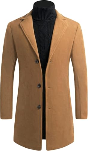 Maiyifu-GJ Men's Wool Blend Trench Coats Mid-Length Notched Collar Slim Overcoat Casual Business Single Breasted Long Jackets
