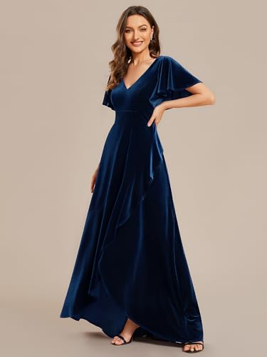 Ever-Pretty Women's Velvet Ruffle Sleeve V-Neck Wrap Waist Maxi Dress High Low Wedding Guest Dresses 020414