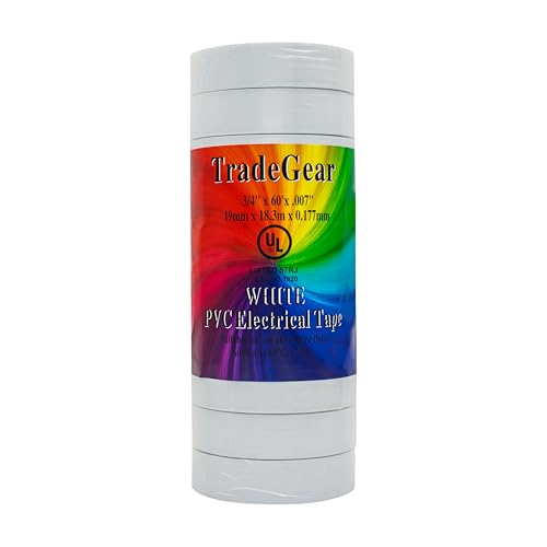Image of TradeGear White 10 Pack - UL Listed Colored Electrical Tape, 60 ft x 3 /4 in, 600V, Flame Retardant, Waterproof, Rubber Adhesive - Phase Marking, Wire ID, Automotive