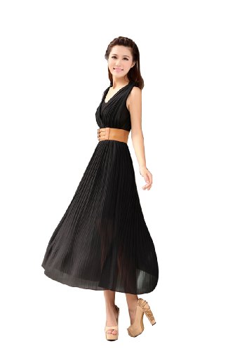 361Buy(TM) Womens Lace V-Neck Floral Chiffon Long Maxi Full-length Vintage Bohemia Sleeveless Evening Ball Gown Dress With Belt Free Size (Black)