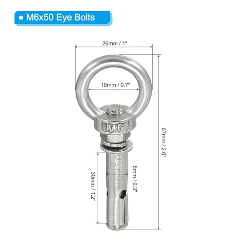 Image of PATIKIL Expansion Eye Bolt M6x50mm, 6 Pack 304 Stainless Steel Shoulder Anchors Eyebolt Screw with Eye Ring for Concrete Brick Walls Canopy Engineering Rigging Silver