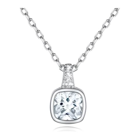 SILVERCUTE Sparkling White Diamond Necklace Cushion Shape Birthstone Pendant Dainty Sterling Silver Small Crystal Necklaces for Women Cover