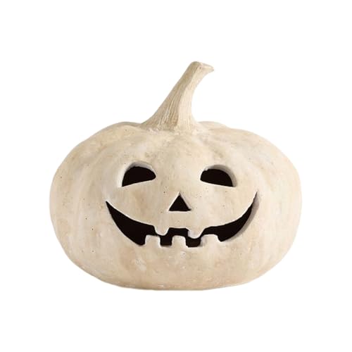 Halloween Decorations - Handmade Terracotta Pumpkin Jack O' Lantern Outdoor Indoor - Cute Halloween Autumn Farmhouse Table Festival Decoration for Home Porch Front Door Mantel Room (White)