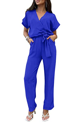 PRETTYGARDEN Women's Jumpsuit Casual Short Sleeve Wrap V Neck Belted Wide Leg Pants (Dark Royal Blue,Small)