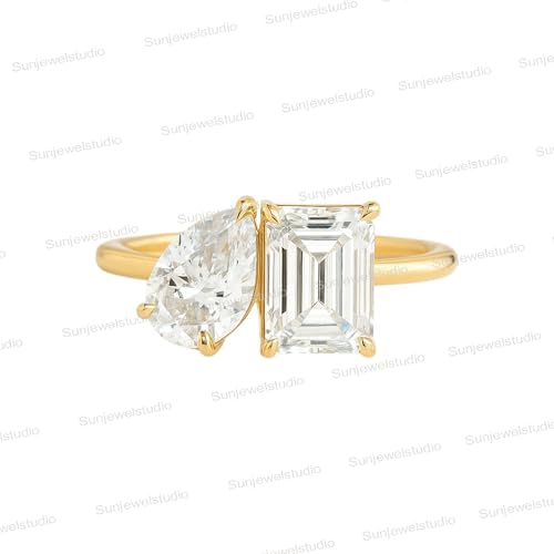 3.5 CT Emerald And Pear Cut Lab Grown Engagement Two Stone Ring 18K Solid Yellow Gold You And Me Promise Ring Bridesmaid Handmade Jewelry Proposal Gift For love3