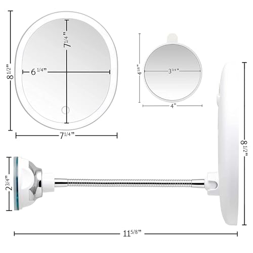 Image of OVENTE 9'' Rechargeable Lighted Wall Mount Bathroom Mirror, White MOW22W | Touch Screen Dimmable LED Lights, Includes Mini Magnetic 10X Magnifier, Flexible Gooseneck, Suction Mount and Micro USB Cable