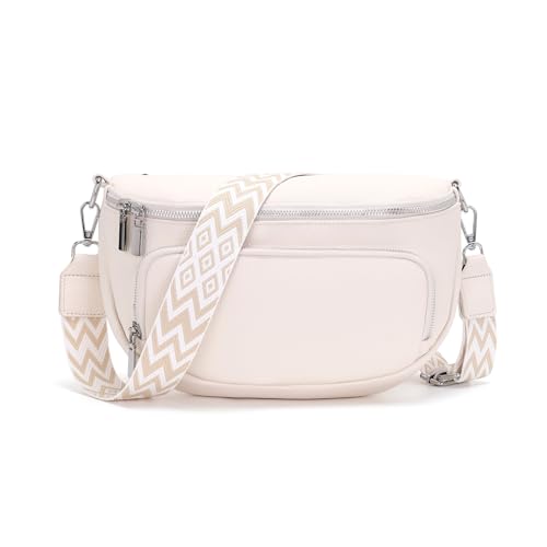 Boadlol Große Bauchtasche Damen umhängetasche Crossbody bag Schultertasche Brusttasche Leicht mit Mehrere Fächer Verstellbar für Alltag & Reisen Beige weiß