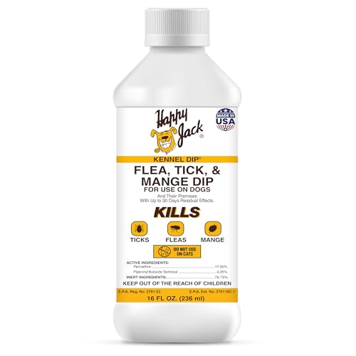 Happy Jack Kennel Dip Dog Flea and Tick Treatment & Prevention, Made in USA, Spray Yard & Home 30-Day Control, Kills Fleas, Ticks, Deer Ticks, Mange, Lice, for Puppies, Small to Large Dogs (16 oz)