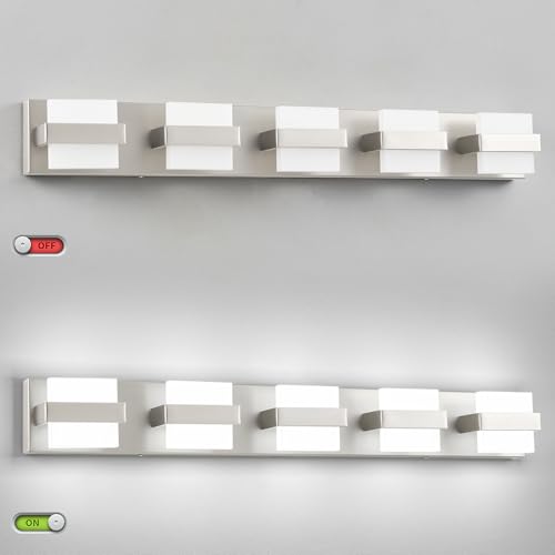 Image of SOLFART 5-Light Bathroom Vanity Lights Over Mirror,Brushed-Nickel LED Modern Vanity Lights for Bathroom, Dimmable