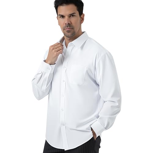 JCARSON Performance Travel Mens Dress Shirt Long Sleeve Dress Shirts for Men Wrinkle Free Non Iron Stretch Stain Resistant Breathable Regular Official Business Casual Button Down Shirt, White, Medium