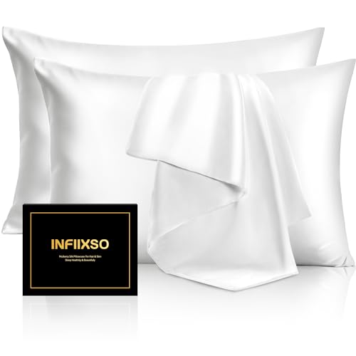 Image of INFIIXSO Silk Pillow Cases 2 Pack Standard Size, Ultra Smooth & Soft Mulberry Silk Pillow Case for Hair and Skin, Breathable Cooling Silk Pillowcase with Hidden Zipper (White, 20x26 Inches)