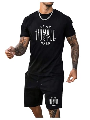 WDIRARA Men's 2 Piece Short Sets Graphic Print Short Sleeve T Shirts and Drawstring Shorts Clothing Set
