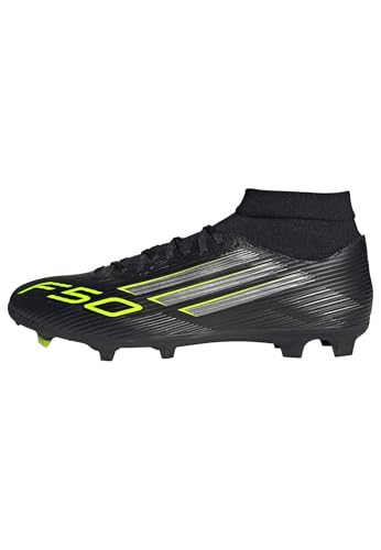 adidas Unisex Adulto F50 League Mid Firm Ground/Multi Ground Football Boots, Core Black/Iron Metallic/Lucid Lemon, 43 1/3 EU