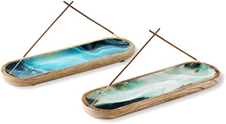 Folkulture Incense Holder or Incense Burner Holder, Insense Stick Holder for Home Décor or Wooden Incense Tray for Sticks, Modern Insence Ash Catcher, Mango Wood, Set of 2, Blue and Green Agate