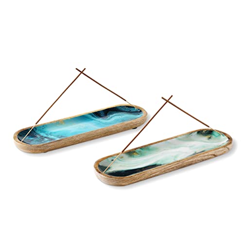 Folkulture Incense Holder Or Incense Burner Holder, Insense Stick Holder For Home Décor Or Wooden Incense Tray For Sticks, Modern Insence Ash Catcher, Mango Wood, Set Of 2, Blue And Green Agate #TOP16