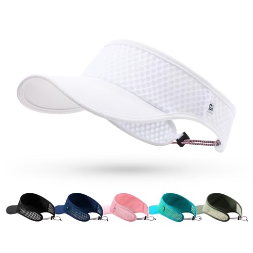 Mesh Sports Visor for Women Men - Adjustable Drawstring Lightweight Breathable Sun Hat for Running Tennis Golf Pickleball White