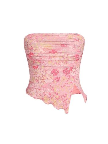 Floerns Girl's Floral Print Ruched Bandeau Mesh Strapless Split Hem Tube Top