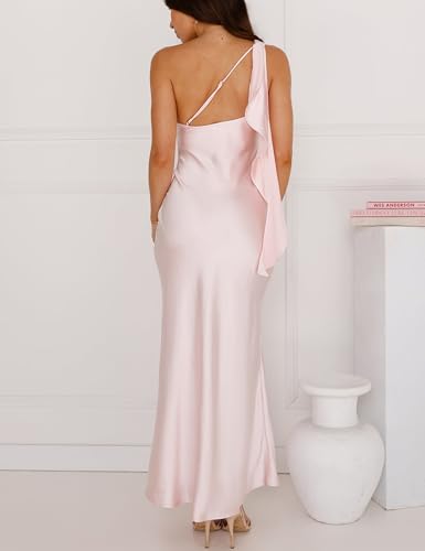 Image of 2026 Satin One Shoulder Maxi Dress for Women Summer Silk Formal Elegant Backless Ruffle Sleeveless Wedding Guest Dresses